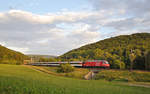 In der Abendsonne ist eine frisch revidierte Re 460 mit einem Schnellzug bei Gelterkinden unterwegs.