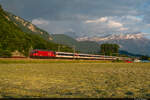 Am 11.06.2021 ist SBB Re 460 104-3 unterwegs mit dem IR90 1834 von Brig nach Genève-Aéroport und konnte hier bei Roche VD im letzten Licht aufgenommen werden.