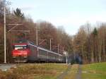 Re 460 102-7 „Historic“ schiebt am 08.01.2011 zwischen Siegershausen und Lengwil den IR 2125 von Biel kommend nach Konstanz.