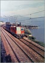 Die SBB Re 4/4 II 11182 ist kurz vor St-Saphorin mit einem IC von Milano nach Genève unterwegs. Damals führten auch internationale Züge noch einen Gepäckwagen.

ein Analogbild vom Juli 1985