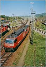 Die SBB Re 460 wurden als Universallok geplant und gebaut und anfangs auch als solche eingesetzt: Die SBB Re 460 116-7 und eine weitere verlassen mit einem langen Güterzug den Bahnhof Weil am Rhein in Richtung Schweiz. 

ein Analogbild vom Herbst 2003