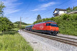 Re 460 049-0 ist in Zeihen AG mit dem EN 458 unterwegs nach Zürich HB, aufgenommen am Morgen des 20.05.2024.