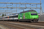 Re 460 080-5, mit der Migros Werbung, durchfährt den Bahnhof Rothrist.
