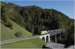 Faszination Spurwechsel - Die BLS Re 465 014 ist mit dem GoldenPass Express 4065 auf der Fahrt von Interlaken nach Zweisimmen, wo der Zug dann umgespurt nach Montreux weiter fahren wird. Das Bild zeigt den Zug auf der Bunschenbach Brücke bei Weissenburg. 

7. Oktober 2023