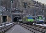 Mit der BLS Re 465 017 verlässt der Autotunnelzug (AT1) den Lötschberg Tunnel und erreicht Goppenstein.