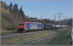 Die SBB Re 474 016 und eine weitere Lok dieses Typs sind bei Mülenen mit einem Güterzug Richtung Süden unterwegs.