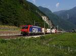 Die Re 474 016 mit einem KLV-Zug am 25.05.2017 unterwegs bei Arbedo-Castione.