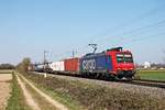 Mit einem Containerzug nach Italien fuhr am Nachmittag des 02.04.2020 die Re 482 001-5 südlich von Buggingen über die KBS 702 durchs Rheintal in Richtung Basel.