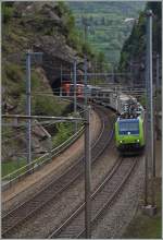 Die BLS Re 482 verlässt mit ihrem Güterzug den Dazio Tunnel und erreicht Rodi-Fieso.