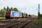Durchfahrt am 06.06.2014 von SBB Cargo Re 482 006-4 mit dem leeren Saarrail-Stahlzug in Orschweier gen Norden.