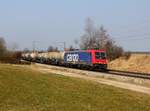 Die Re 482 041 mit einem Kesselzug am 08.03.2014 unterwegs bei Ostermünchen.