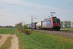 Mit einem Containerzug nach Norden fuhr am 11.04.2017 die Re 482 023-9 bei Hügelheim über die KBS 703 in Richtung Freiburg (Breisgau).