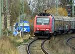 Vorfahrt für 482 034 mit Habbiins / links wartet EGP 272 001 mit Eamnos auf Ausfahrt aus dem Anschluss Binnenhafen / Bf Anklam / ich stehe am Ende vom Bahnsteig an 2 / 23.11.2021