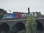 Auf der Hochfelder Eisenbahnbrücke zog die Lokomotive 482 030-4 einen Containerzug.