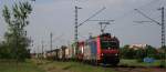 Mit dem DGS 43681 aus Duisburg-Ruhrort Hafen nach Novara ist 482 021 bei leichtem Frontschatten in der Nhe von Wiesental unterwegs, 14.05.08.