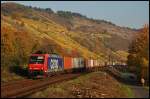 Die 482 001 zieht einen Containerzug in Richtung Norden. Aufgenommen am 25.Okt 2008 in Gambach.