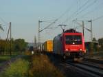 Re 482 038-7 von SBB Cargo zieht einen gemischten KV-Zug durch Eimeldingen in Richtung Basel. 27.08.09