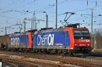 Re 482 021-3 und 482 004 bei der Einfahrt zum Badischen Bahnhof in Basel. Die Aufnahme stammt vom 21.12.2013.