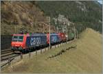 Zwei SBB Re 482 erreichen mit ihrem Güterzug die Obere Entschigtal Galerie. 
14. März 2014