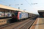 Am 04.10.2014 fuhr Re 482 010-6  Verstehen sie mehr als nur Bahnhof?  mit dem Saarrail H-Wagenzug nach Saarbrücken Rbf durch den Badischen Bahnhof von Basel in Richtung Norden.