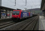 SBB - 484 004-7 + 484 015-3 vor Güterzug bei der durchfahrt im Bahnhof Sissach am 26.02.2021