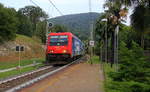484 020-3  von SBB-Cargo kommt mit der rollende Landstraße aus Novara Boschetto)(I) nach Freiburg-(Brsg)Rbf(D) und fährt durch Pettenasco(I) in Richtung Domodossola(I).