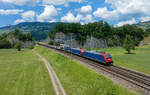 Re 484 016 + Re 484 017 mit einem Güterzug am 06.06.2023 bei Schwyz.