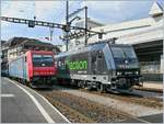 Der Gterzug 71542 Brig - Lausanne - Bern etwas vorzeitig, der EC 123 nach Milano  mit einer Re 484 bespannt - und mein insgeheim gehegter Wunsch ging in Erfllung: 
RTS 185 570-9 und die Re 484 017-9 auf einem Foto!
Lausanne, den 28. Mrz 2007 