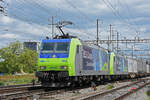 Doppeltraktion, mit den BLS Loks 485 002-0 und 485 008-7 durchfährt am 17.05.2023 den Bahnhof Pratteln.