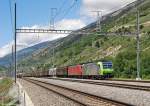 BLS Re485 004 (TRAXX F140 AC1) + DB 185 103 hauling a southbound freight train near Visp on the 16th of May in 2009