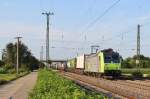 Am 24.Juli 2013 durchfuhr BLS 485 012 mit einer der täglichen ROLA den Bahnhof Müllheim(Baden) in Richtung Basel nach Novara.