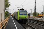 Mit einer RoLa aus Novara Durchfährt BLS Cergo Re 485 014-5 am Morgen des 18.04.2014 den Bahnhof von Müllheim (Baden).
