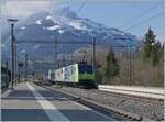 Die BLS Re 485 009 und die 186 905 fahren mit einer Rola von Novara nach Freiburg durch den Bahnhof von Mülenen. 

14. April 2021