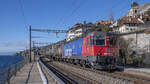 Re 620 014-1  Meilen  ist mit einem Kesselzug nach Saint-Triphon unterwegs, aufgenommen bei der Durchfahrt in St.