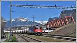 620 007-5  Wattwil  bringt einen leeren Zementzug nach Untervaz und übergibt ihn im Übergabebahnhof der Holcim Zementwerke.Im Hintergrund die RhB Brücke über die SBB Stammstrecke und der Vilan 2376m. (24.03.2020)