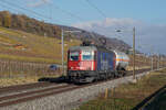 Kurzgüter mit der Re 620 082-8  Pfäffikon SZ  bei Cressier am 9. November 2021.
Foto: Walter Ruetsch