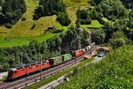 Die Re 6/6 11613  Rapperswil  donnert am Zugschluss eines KLV, kurz vor dem Wattinger Kehrtunnel in Richtung Gotthard.