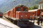 MGB exBVZ - HGe 4/4 I 11 am 01.06.1990 in Brig - Zahnrad-LOKOMOTIVE - Baujahr 1929 - SLM3336/SWS/MFO - 736 KW - Gewicht 46,80t - LP 14,10m - zulssige Geschwindigkeit 45/Z25 km/h - Lebenslauf: ex BVZ