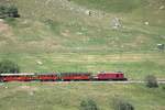 Ein charakteristischer Elektrooldtimer, die FO 36, zieht am 04.07.2026 den Jubil�umszug Brig - Disentis ab Realp durch die Weiden im Urserental, 100 Jahre Furka-Oberalp-Bahn. �ber die Bergstrecke war mangels Fahrleitung eine Dampflok n�tig.
Das Wagenmaterial geh�rt der DFB.