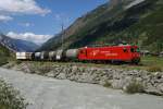 HGe 4/4 II 3 fhrt am 20.7.10 mit einem Gterzug von Tsch Richtung Zermatt.

