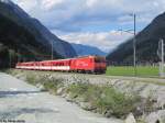 Die HGe 4/4'' 1 ''Matterhorn'' am 2.8.2012 oberhalb Tsch mit dem Regio 249 kurz vor dem Ziel Zermatt.