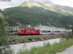 HGe 4/4'' 104 ''Furka'' am 2.8.2012 in Tsch als Regio 266 nach Visp. Mit diesem Regionalzug wird jeweils eine Glacier-Express Komposition nach Brig zum Unterhalt zugefhrt. Es ist der einzige ''Glacier-Express'' der ohne Zuschlag bentzt werden kann.