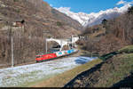 Am 30.12.2020 ist MGB HGe 4/4 II 3  Dom  mit GZ 4233 von Visp nach Zermatt unterwegs und konnte hier bei  Stalden VS aufgenommen werden.