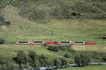 Am 05.07.2026 f�hrt der Glacier Express durch Wiesen und an B�schen vorbei der Furkareuss entlang zwischen Realp und Hospental in Richtung St. Moritz.