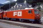 MGB exFO - HGe 4/4II 104 Name: FURKA am 02.08.1992 in DISENTIS - Zahnrad-LOKOMOTIVE - �bernahme 10.09.1986 - SLM5282/BBC - 1836 KW - Gewicht 64,00t - L�P 14,78m - zul�ssige Geschwindigkeit 90/Z30 km/h