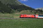 Diese Maschinen sind die einzigen noch verkehrenden Lokomotiven der MGB. Sie ziehen neben den Autoz�gen durch den Furkatunnel und einigen G�terz�gen nach Zermatt den Glacier Express zwischen Zermatt und Disentis. Diese hier hat am 05.07.2026 vor kurzem Rueras verlassen.