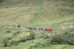 Am 05.07.2026, der Glacier Express passiert den Bahn�bergang in Wiesland zwischen Realp und Hospental.  