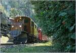 50 Jahre Blonay Chamby - MEGA BERNINA FESTIVAL: Kurz nach der Abfahrt in Chaulin im Schatten des Waldes ist die Bernina Bahn RhB Ge 4/4 182 (Bernina Krokodil) als Vorspann des Bernina Bahn RhB ABe 4/4
