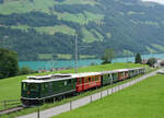 Luzerner Whiskyzügli 2021 Luzern-Meiringen-Luzern mit der HGe 4/4 l 1992  GISWIL , ehemals Brünigbahn, bei Lungern am 28. August 2021. Als Verstärkung mitgeführt wurde der ABt 923 der ehemaligen Luzern Stans Engelberg Bahn (LSE).
Foto: Walter Ruetsch