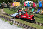 Ein ganz junger Lokführer und für die Beine des 'echten' Lokführers fehlt der Platz! Anlässlich des 50 Jahres-Jubiläums der Steiner Liliputbahn konnten Interessierte über eine kurze Strecke eine Lok selber steuern. Links im Hintergrund wartet der nächste Zug, bis der Fahrweg wieder frei wird. Stein am Rhein, 21.6.2025